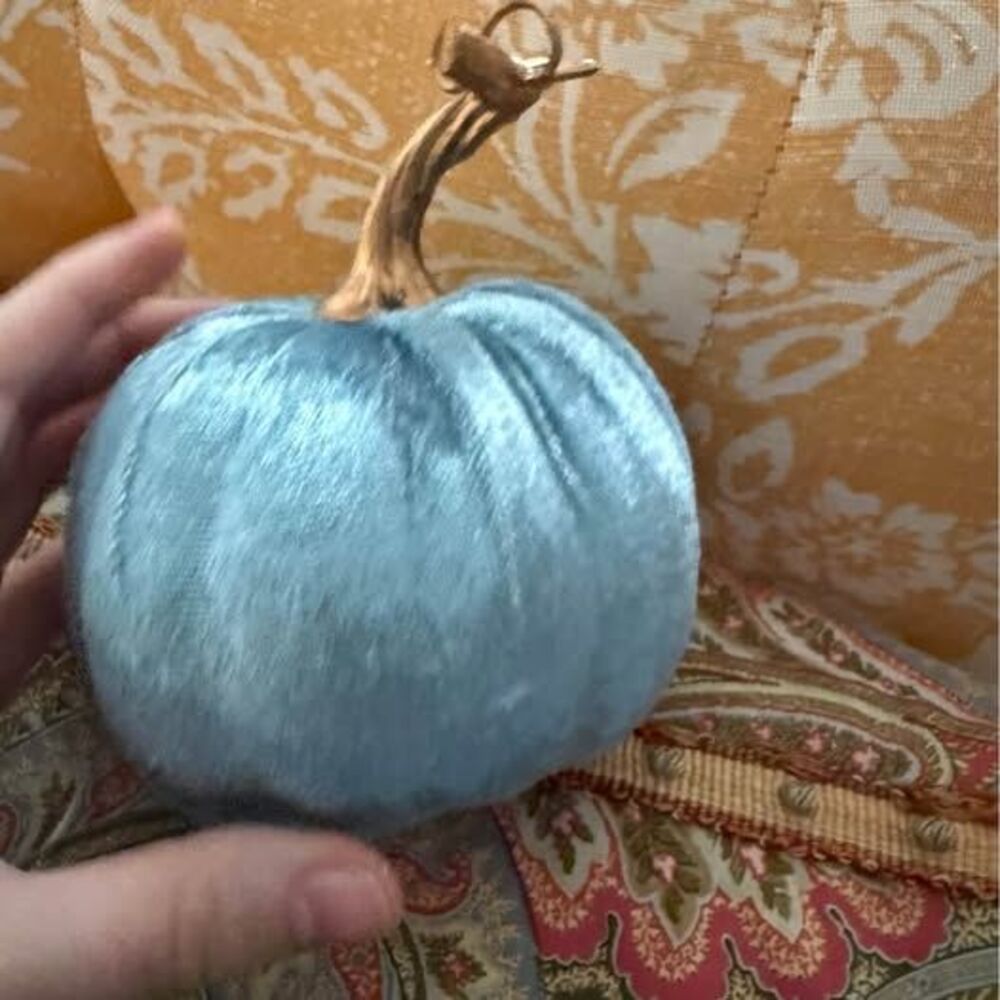 Small Blue Velvet Decorative Pumpkin with Gold Stem